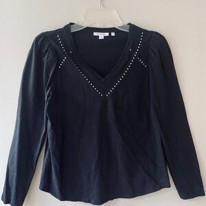 CHICOS Sz S Blouse Black Embellished V Neck Long Sleeve Pullover Stretch NEW